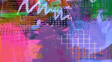 Şebeke çizgileri, beyaz karalama vuruşları, yarım ton noktaları, katmanlı boya dokuları ve renkli soyut hareket grafik arkaplan