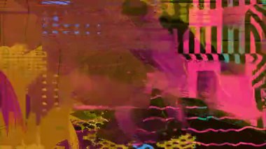 Sarı köşegen çizgili koyu neon kolajı, pembe örtüler, siyah doku blokları, katmanlı vuruşlar ve grunge karışık ortam hareketi grafiksel arka planı