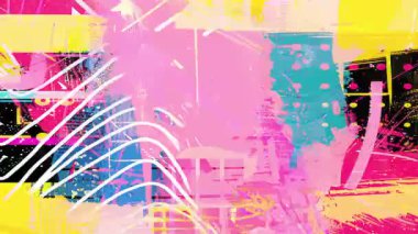 Yatay dijital çubuklarla parlak pembe bozulma, renkli soyut boya sıçramaları, karışık medya grafik dokusu, canlı kentsel grunge arka planı