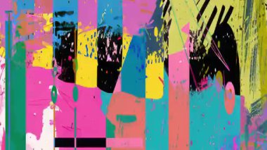 Renkli soyut blok kompozisyonu Pastel pembe cyan sarı şekiller, dikey çizgili doku, karışık medya boya katmanları, kentsel grunge grafik arka plan