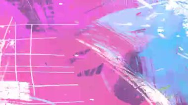 Pembe ve mavi soyut boya darbeleri, ızgara çizgileri üst üste, desenli grunge yüzey, neon pastel renk karışımı, modern sanatsal arkaplan bileşimi