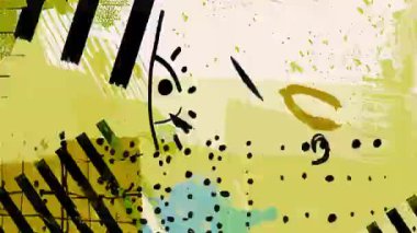 Soyut sarı çizilmiş karalama yüz, siyah fırça darbeleri, pastel boya dokusu, grafik karalamalar, desenli grunge arka plan, sanatsal karışık medya kompozisyonu