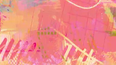 Katmanlı boya darbeleri, desenli kolaj desenleri, neon karalama çizgileri, grunge örtüleri ve hareketli hareketli grafik kompozisyonu ile sıcak turuncu soyut ortam arka planı