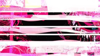 Katmanlı pembe ve siyah boya darbelerine, karalama işaretlerine, karışık medya kolajı dokularına ve kalın grafik tasarım elementlerine sahip yatay çizgili soyut arkaplan