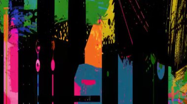 Neon ızgara çizgileri, renk blokları, katmanlı boya dokuları ve kentsel kolaj grafiği kompozisyonu ile koyu geometrik karışık ortam soyut arka planı