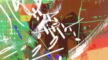 Yeşil ve turuncu soyut karışık medya kolajı beyaz noktalı desenli, kıvrımlı karalama çizgileri, katmanlı boya blokları ve desenli fırça darbeleri hareketli arka plan