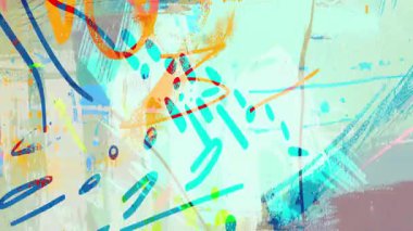 Soyut pastel, mavi fırça darbeleriyle karışık medya kolajı, noktalı desen dokusu, karalama çizgileri, katmanlı boya blokları ve hareketli arkaplanda el çizimi grafik elementler