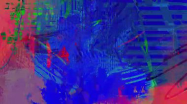 Mavi Mor Karışık Medya Sanatı Arkaplanı Soyut Fırça Vuruşları, Katmanlı Boya Dokuları, Karalama Çizgileri, Kolaj Elementleri ve Hareket Grafiksel Desenli