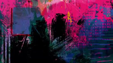 Dark Neon Karışık Medya Arkaplanı Pembe Kaplama, Kara Fırça Vuruşları, Soyut Kolaj Dokuları, Karalama İşaretleri ve Şehir Hareketi Grafik Katmanları