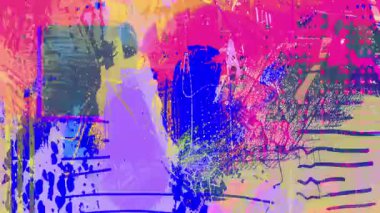 Renkli Karışık Medya Özgeçmişi Mavi Boya Vuruşları, Neon Karalamaları, Katmanlı Doku, El Çizimi Karalamaları, Sprey Sıçratmalar, Grafik Kolajı, Hareketli Grafik Grunge Döngüsü