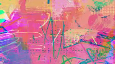 Canlı pastel soyut karışık medya sanatı arka planı yeşil ve mercan boya darbeleri katmanlı kolaj dokuları, el çizimi çizgileri, noktalı detaylar ve anlamlı hareket grafik tasarımı