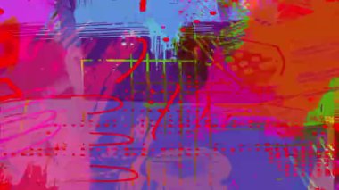 Kırmızı karalama vuruşlarıyla parlak renkli soyut medya kolajı, katmanlı boya dokusu, mavi ve pembe gradyan örtüleri, anlamlı fırça izleri ve el hareketli grafik arkaplan