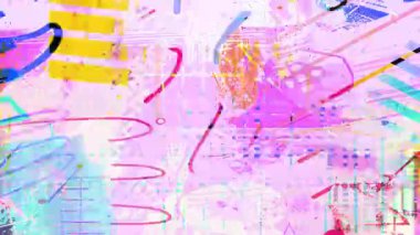 Yumuşak pembe ve sarı boya darbeleri, noktalı desenli desenler, katmanlı fırça izleri, şeffaf kolaj şekilleri ve el çizimi grafiksel kompozisyon içeren soyut karışık medya sanat arka planı