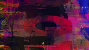 Neon arızası, mor ve sarı dijital bozulma, canlı siber parazit, soyut sinyal bozulması, renkli grunge dokusu, kaotik teknolojik estetik