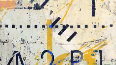 Soyut şehir tipografi arkaplanı, sarı bej poster dokusu, mavi metin parçaları, çizilmiş yüzey, grunge baskı katmanları, sıkıntılı kolaj, sokak sanatı örtüsü, yıpranmış duvar dokusu