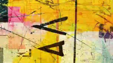 Sarı pembe blokları olan renkli grunge soyut dokusu, siyah boya darbeleri, çizik yüzey, zarar görmüş fırça izleri ve karışık medya kompozisyonu olan katmanlı şehir grafiti tarzı arka plan