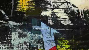 Katmanlı şekilli soyut renkli kolaj, kalın siyah fırça darbeleri, geometrik parçalar, karışık medya boya dokusu, kentsel poster çürümesi, çizik yüzey, anlamlı sanatsal kompozisyon