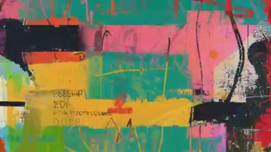 Katmanlı boya darbeleri, graffiti işaretleri, çarpık tipografi parçaları, neon bloklar ve grunge desen örtülü renkli soyut kolaj arka planı