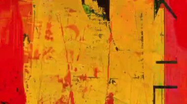 Sarı turuncu grunge soyut arka plan, kırmızı boya lekeleri, dikey çizgiler, çizik doku, gergin poster yüzeyi, şehir grafiti izleri, kaba tuval deseni, katmanlı kirli sanat arkaplanı