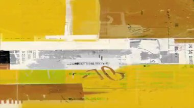 Sarı siyah grunge kolaj arka planı, endüstriyel karışık medya katmanları, kirli baskı yüzeyi, sıkıntılı kağıt parçaları, analog gürültü, soyut kaotik kompozisyon