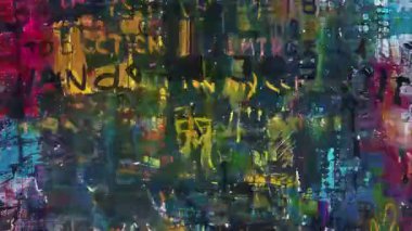 Renkli grunge soyut doku arka planı, katmanlı boya blokları, yeşil mavi kırmızı tonlar, sıkıntılı karışık medya yüzeyi, analog gürültü, hasarlı baskı görünümü, kaotik kompozisyon, endüstriyel kolaj tarzı sanatsal fon