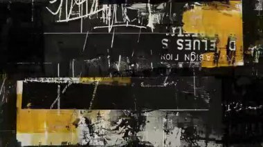 Endüstriyel grunge doku arka planı, siyah ve sarı sıkıntılı kolaj yüzeyi, kirli analog baskı blokları, yıpranmış kentsel materyal, çizikler ve hasarlı soyut gürültü kompozisyonu