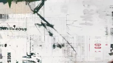 Soyut grunge gazete kolajı, yırtık kağıt katmanları, monokrom baskı parçaları, sıkıntılı tipografi işaretleri, çizik yüzey, analog gürültü, kaba kağıt arkaplan, hasarlı editoryal düzen, kirli mürekkep lekeleri, eski baskı dokusu