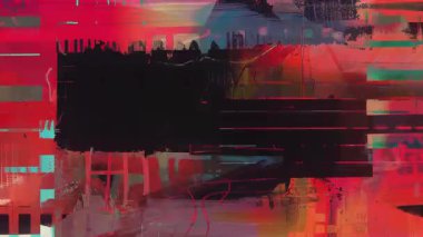 Dijital blokları olan kırmızı grunge grunge soyut dokusu, bozuk şekiller, katmanlı gürültü, bozuk sinyal efekti, karışık medya yüzeyi, kaotik renk parçaları, analog parazit, hasarlı görsel arka plan