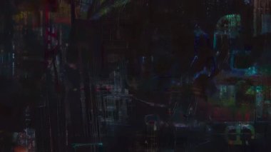 Koyu soyut arkaplan, renkli dijital parçaları olan koyu siyah katmanlı yüzey, sıkıntılı boya lekeleri, karışık medya kolajı, kaba analog gürültü, endüstriyel hasar, renk izleri gibi aşınmış kaotik tuval.