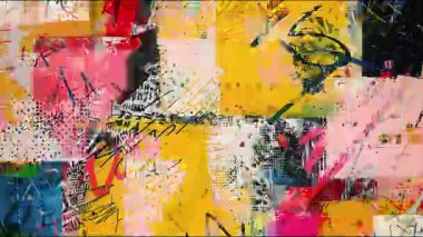 Renkli soyut grunge doku arka plan, katmanlı sarı turuncu kolaj blokları, sıkıntılı boya yüzeyleri, karışık medya kompozisyonu, yırtık kağıt parçaları, kaotik endüstriyel gürültü, ağır yıpranmış ve hasar görmüş kaba artistik doku