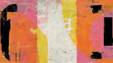 Turuncu sarı boya bloklarıyla renkli grunge dokusu, sıkıntılı karışık medya yüzeyi, çizilmiş poster kolajı, analog gürültü izleri, kalın soyut şekilli aşınmış endüstriyel tuvaller ve toprak.