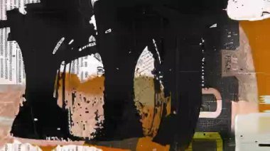 Siyah bej rengi kolaj dokusu, ağır yırtık kağıt katmanları, yıpranmış boya yüzeyi, çizilmiş ve yıpranmış tuval, analog ses dokusu, endüstriyel baskı parçaları, güçlü kontrastlı karışık medya kompozisyonu