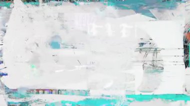 Soyut beyaz grunge doku arka planı, soluk renkli katmanlı cyan aksanlı boya yüzeyi, sıkıntılı fırça darbeleri, yırtık kağıt kolaj parçaları, çizik tuval, analog ses izleri, endüstriyel çürüme ile aşınmış medya dokusu