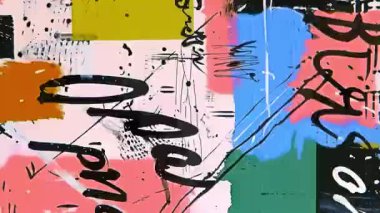 Renkli karışık medya animasyon dokusu arka planı, boya darbeleriyle soyut kolaj yırtık kağıt katmanları endüstriyel baskı elementleri kaba yüzey gürültüsü ve sıkıntılı kentsel sanat hareketi