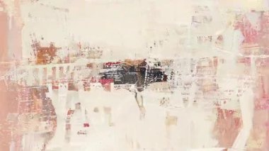 Soyut bej rengi grunge desen arka plan, soluk krem tonlu katmanlı boya yüzeyi, sıkıntılı fırça darbeleri, yırtık kağıt kolaj parçaları, ince çizikler ve toz, analog ses dokusu, yumuşak endüstriyel çürüme ile aşınmış karışık medya tuvali