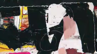 Soyut grunge animasyon dokusu arka plan, siyah ve beyaz yırtık kağıt kolajı, yüksek kontrast sıkıntılı yüzey, yırtık kenarlar, kaba çizikler, analog hasar, endüstriyel gürültü dokusu, deneysel karışık medya kompozisyonu, ham baskı kusurları