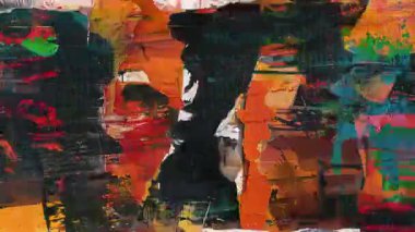 Grunge kolaj sanat animasyonu, yırtık kağıt katmanları, soyut boya darbeleri, kaba doku arka plan, hasarlı yüzey, karışık medya kompozisyonu, sıkıntılı poster tarzı, karanlık dışavurumcu sanat eseri, kentsel sanat dokusu, kaotik görsel gürültü