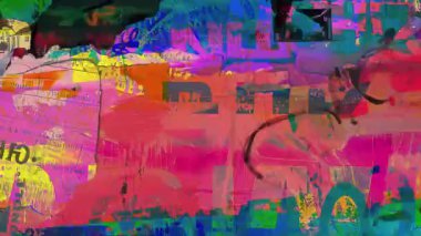 Canlı soyut grunge kolajı, yırtık poster katmanları, kaotik boya dokuları, çarpıcı renk çarpıntıları, şehir sokak sanatı kompozisyonu, çizikler, lekeler, gürültü, kalın medya sanat dokusu.