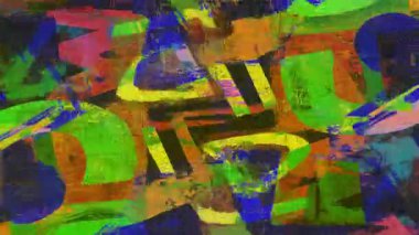 Soyut poster katmanları ile renkli kolaj dokusu, çarpık tipografi şekilleri, canlı boya vuruşları, kaotik karışık medya kompozisyonu, hasarlı retro baskı yüzeyi, deneysel grunge hareketli arka plan