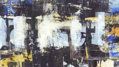 Mavi sarı grunge kolaj arka planı, kalın fırça darbeleri, sıkıntılı boya katmanları, çizilmiş şehir dokusu, soyut sokak sanatı kompozisyonu, grafik bloklar, kaba tuval yüzeyi, karışık medya deseni
