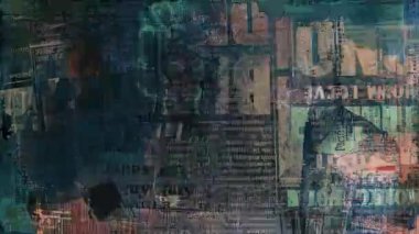 Koyu mavi turuncu grunge tipografi dokusu, katmanlı gazete kolajı arka plan, sıkıntılı şehir yüzeyi, çizik boya izleri, soyut karışık medya kompozisyonu