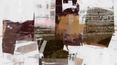 Beyaz grunge gazete kolajı dokusu, kahverengi tipografi parçaları, soyut şehir arkaplanı, sıkıntılı kağıt yüzeyi, çizilmiş mürekkep izleri, katmanlı karışık medya bileşimi