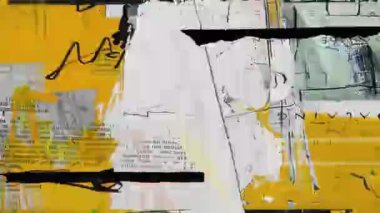 Sarı ve beyaz grunge dokusu, koyu siyah fırça darbeleri, soyut kentsel kolaj arka planı, sıkıntılı kağıt yüzeyi, çizilmiş boya izleri, grafiti çizgileri, karışık medya afişleri.