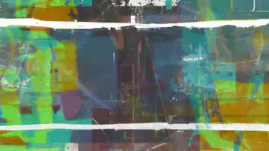 turkuaz ve sarı bloklu grunge kolajı, beyaz yatay çerçeve çizgileri, soyut şehir dokusu, katmanlı poster parçaları, sıkıntılı karışık ortam arkaplanı, kalın geometrik renk kompozisyonu