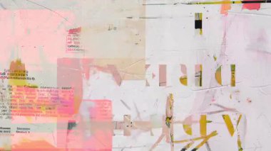 Şeftali ve bej rengi grunge kolaj dokusu, yumuşak pastel boya darbeleri, soyut kağıt arkaplan, katmanlı karışık medya yüzeyi, sıkıntılı tuval izleri, mercan pigmenti lekeleri, ince kentsel poster parçaları