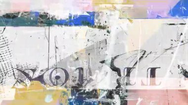 Soyut grunge kolaj dokusu, beyaz kağıt arka plan, siyah diyagram çizgileri, mavi boya lekeleri, sarı parçalar, teknik taslak işaretleri, sıkıntılı karışık medya yüzeyi