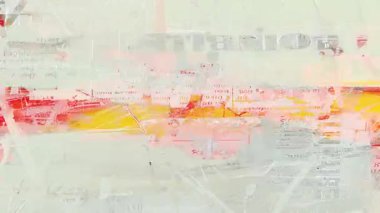 Hafif grunge kolaj dokusu, yumuşak gri gazete arkaplanı, turuncu boya darbeleri, soyut karışık medya yüzeyi, sıkıntılı kağıt katmanları, ince mürekkep izleri, solmuş belge parçaları