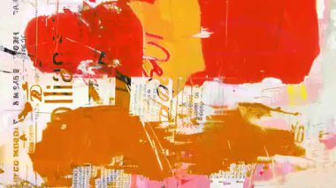 Kırmızı ve turuncu grunge boya kolajı, gazete baskısı dokusu, soyut karışık medya arkaplanı, kalın mürekkep lekeleri, sıkıntılı poster yüzeyi, sokak sanatı kompozisyonu, kaotik katmanlı pigment