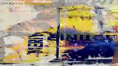 Renkli karışık medya grunge kolajı arka plan, mavi turuncu boya darbeleri, çizilmiş tipografi parçaları, analog film tozu analog doku animasyonu