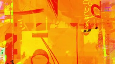 Parlak turuncu grunge karışık medya kolajı, çizilmiş boya darbeleri, yırtık kağıt kaplaması, sıkıntılı geçmişe dönük film hasarı arka plan animasyonu